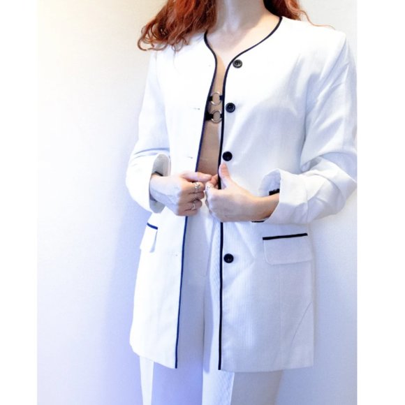 WHITE MINIMALIST SUIT - Mod Ribbed Power Suit Navy Trim - Trousers Pants Set - Picture 3 of 4